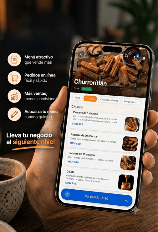 Mano sosteniendo teléfono con el menú digital de Khambre abierto